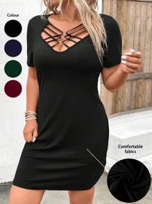 Calvaya Plus Criss Cross Front Ring Detail Dress - Black - View 1