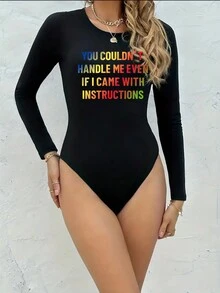 SHEIN LUNE Letter Printed Bodysuit - Black - View 3