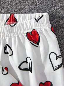 SHEIN Cô gái Love Tim In Áo thun Và Dài Quần Bộ đồ ngủ - Đỏ và trắng - Xem 3