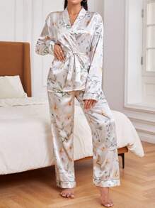 女士花卉印花連帶睡衣套裝 - 白色 - 查看 4