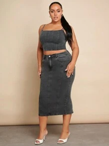 SHEIN BAE Kích thước lớn Gợi cảm Độ co giãn Cao Váy Denim Thiết kế Với Quần bó Phong cách & Phương Tây Mặc Đối với , Các bữa tiệc - Xám - Xem 4