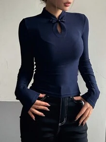 DAZY 長袖保暖t恤,立領頸設計 - 藏蓝色 - 查看 3