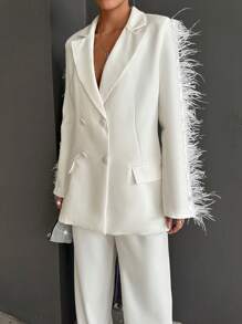 EURMUSE Fuzzy Trim Double Breasted Blazer - White - View 3