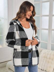 SHEIN LUNE Hoa văn kẻ sọc áo có mũ Áo khoác Teddy - màu đen - Xem 4