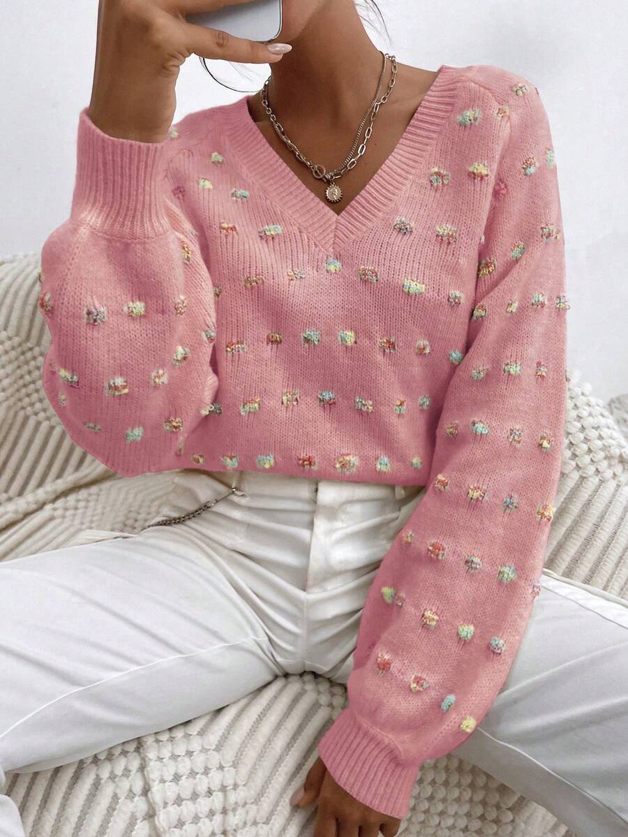 SHEIN Essnce 女士休閒寬鬆拉幹袖毛衣 - 藕粉色 - 查看 1