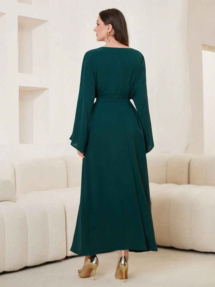 Botanical Embroidered Bell Sleeve Belt Dress