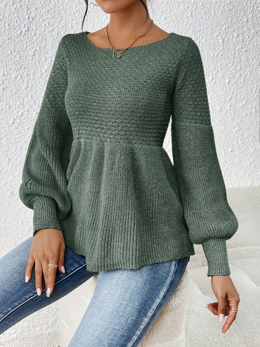 SHEIN Frenchy Solid Color Lantern Sleeve Sweater - Green - View 1