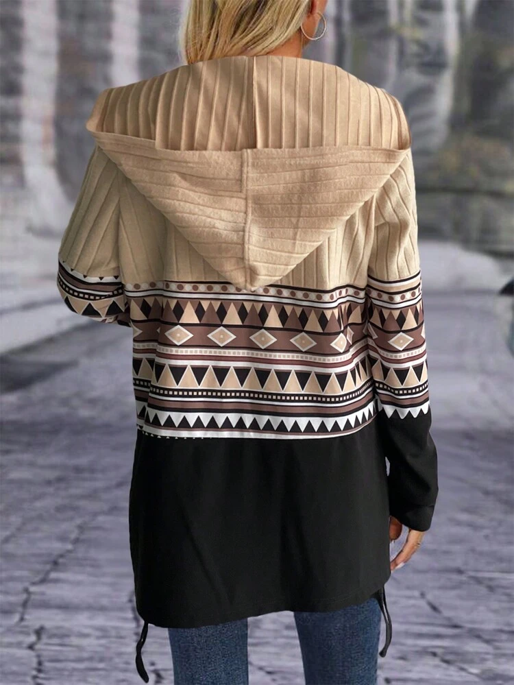 Geometric Print Zipper Hooded Jacket