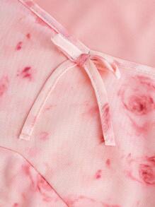 SHEIN Girlism 少女花卉印花方領短袖針織T卹 - 粉色 - 查看 4