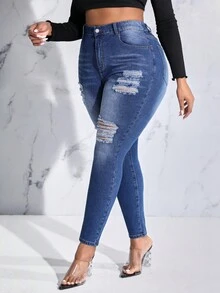 SHEIN SXY Jeans De Gran Tamaño - Azul lavado medio - Ver 4