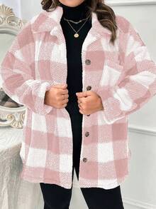 SHEIN LUNE Plus大小格紋下垂肩抱抱外套 - 粉色 - 查看 6