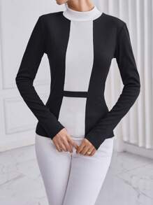 SHEIN Privé Của phụ nữ Tương phản Đứng cổ áo Áo thun - Đen và trắng - Xem 3