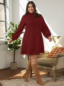 SHEIN Clasi Plus Size Lantern Sleeve Solid Color Dress Without Belt - Red - View 6