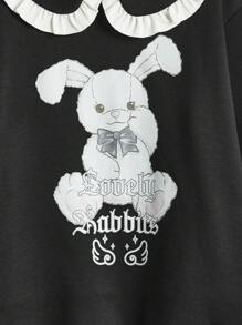 ROMWE Kawaii 女士彼得潘领卡通兔子和字母印花运动衫 - 黑色 - 查看 4