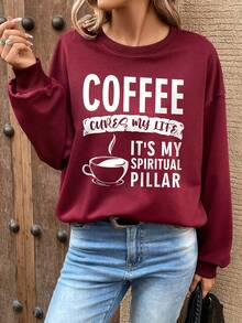 SHEIN LUNE Slogan Graphic Drop Shoulder Sweatshirt - Burgundy - View 1