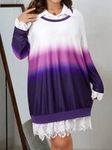 SHEIN LUNE Plus Size Gradient Lace Spliced 2 In 1 Sweatshirt Dress Pullover Fall Outfit - Multicolor - View 3