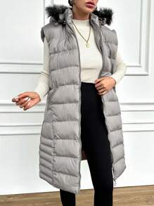 RueChic Zipper Front Stand Collar Padded Vest Style Jacket - Light Grey - View 6