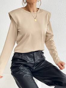 SHEIN Essnce Women's Plain Shoulder Padded T-shirt - Khaki - View 2