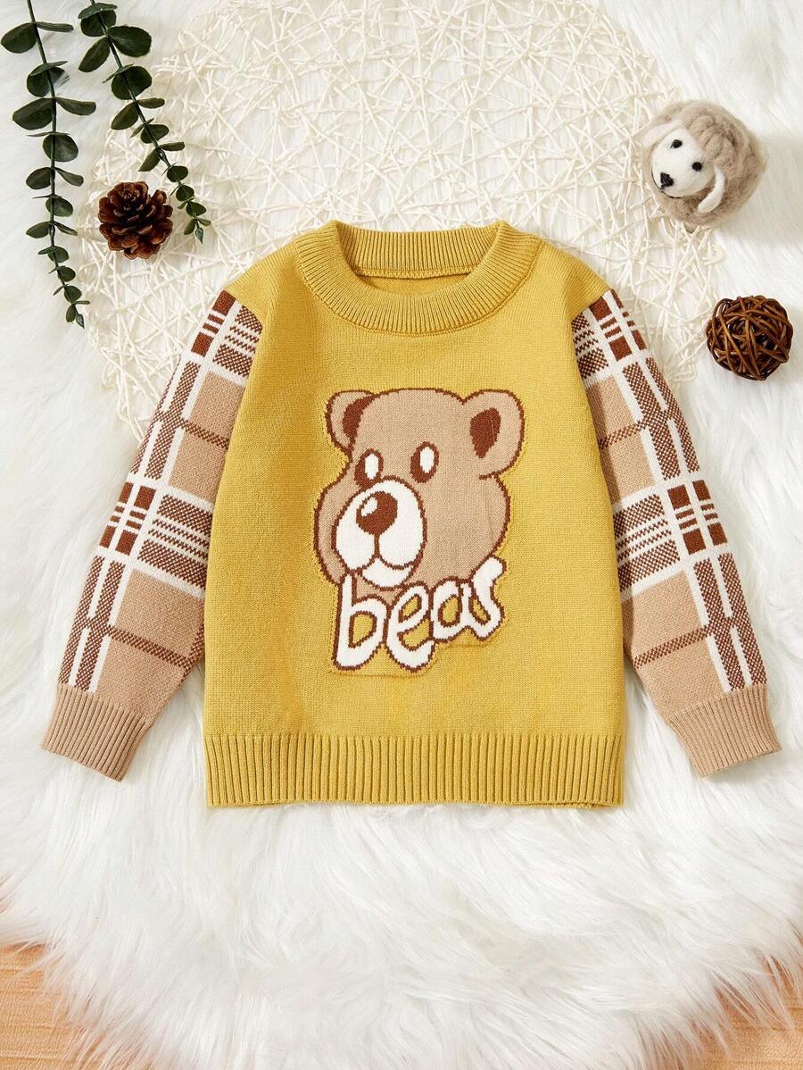 Suéter Con Estampado De Letras Y Oso De Dibujos Animados Para Bebé Niño - Amarillo - Ver 1