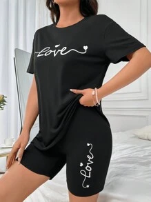 Conjunto de pijama shorts con camiseta con estampado de letra - Negro - Ver 5