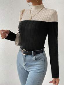 Chiquease Của phụ nữ Tương phản Màu sắc Đứng cổ áo Áo thun - màu đen - Xem 6