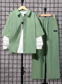 SHEIN 3pcs/set Tween Boys' Casual Letter Printed Turn-down Collar Shirt And Pants With T-shirt - Green - View 3