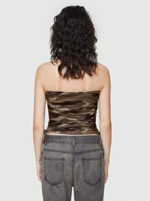 ROMWE Grunge Punk Camouflage-letter Printed Tube Top With Drawstring And Rhinestone Decor For Women - Multicolor - View 4