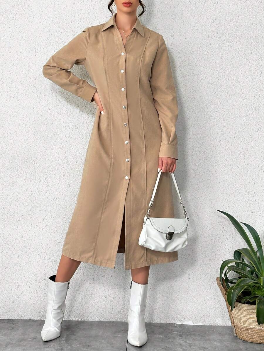 SHEIN Essnce Artificial Suede Midi Dress - Khaki - View 1