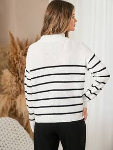 SHEIN Frenchy Striped Zipper Half Placket Sweater - Black and White - View 4