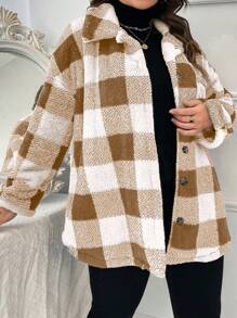 SHEIN LUNE Plus Size Plaid Drop Shoulder Jacket - Khaki - View 7