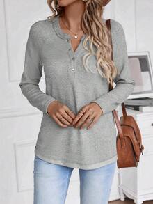 EMERY ROSE Của phụ nữ Màu thuần Raglan Tay áo dài Áo thun Với nút Chi tiết - Màu Xám nhạt - Xem 5