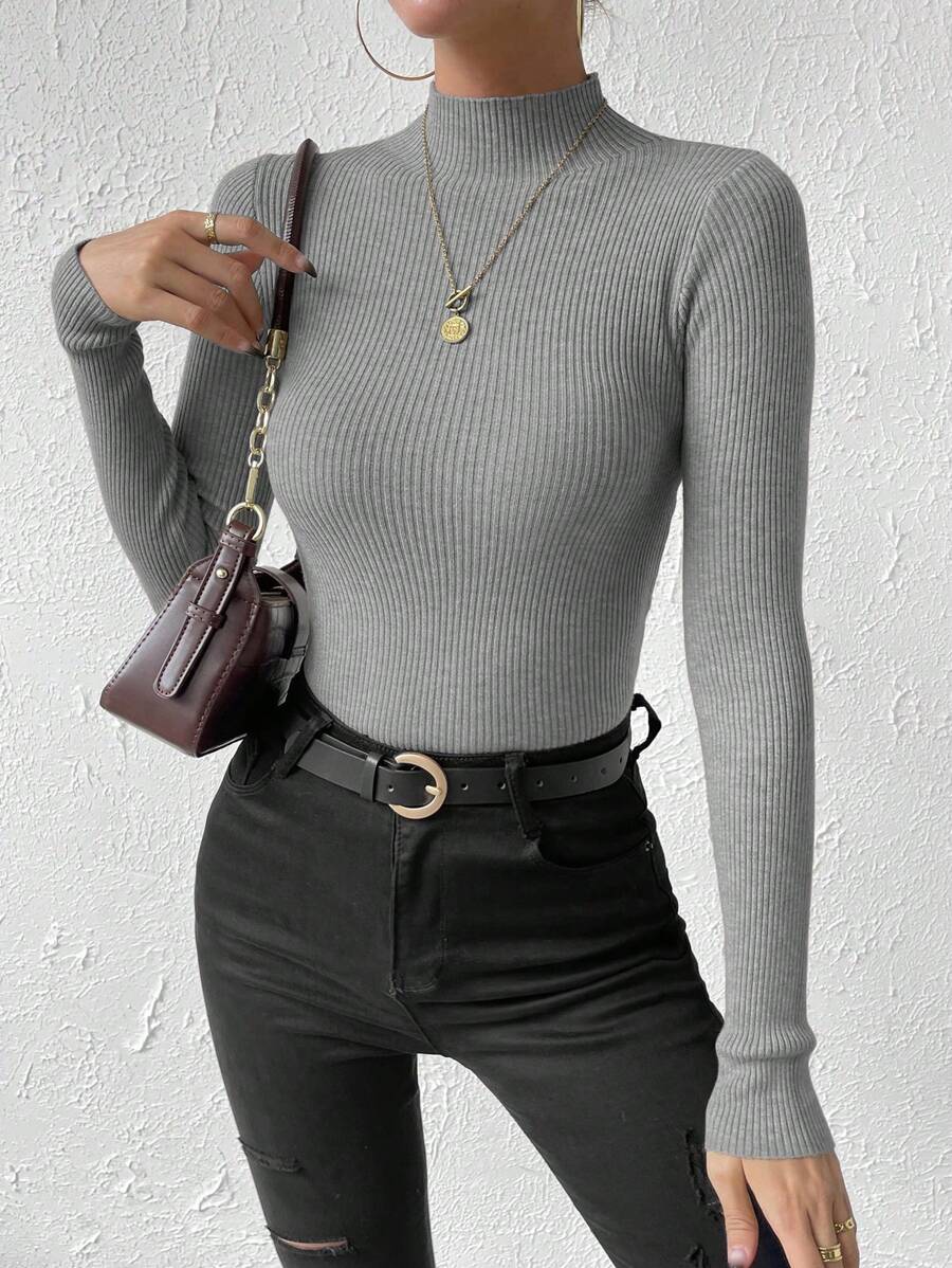 EMERY ROSE Women's Slim-Fit Grey Pullover Sweater,Long Sleeve Tops Knit Pullover Fall Winter Sweater - Light Grey - View 1