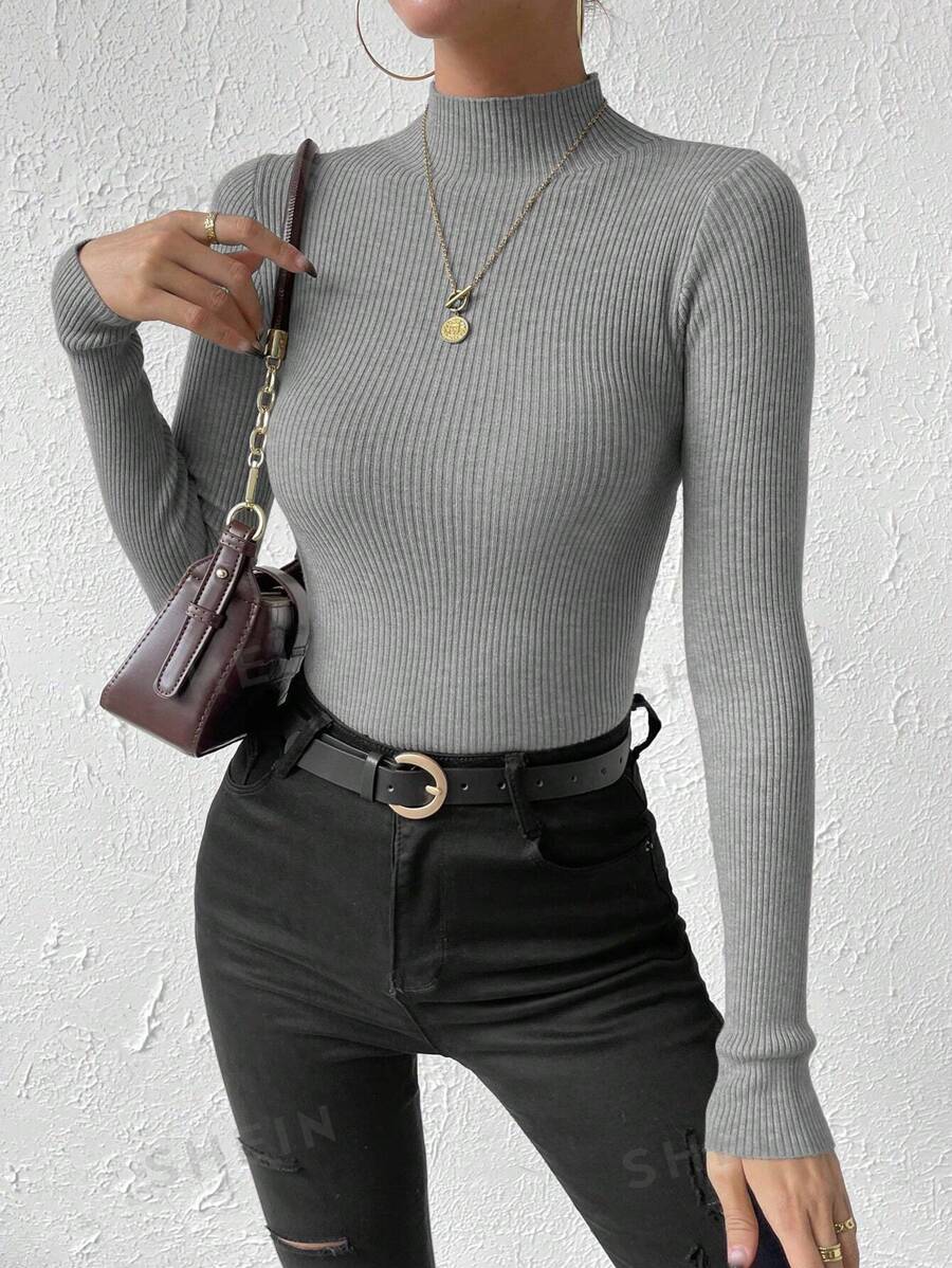 EMERY ROSE Suéter de cuello redondo gris ajustado para mujer, parte superior de manga larga de punto para otoño e invierno - Gris Claro - Ver 1