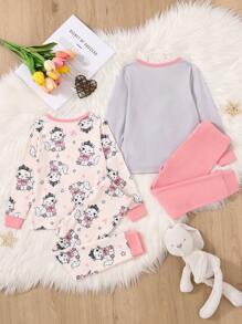 2 bộ Cô Gái Trẻ Mèo in Tay áo dài Phù hợp Vừa Khít Bộ đồ ngủ - Hồng - Xem 2