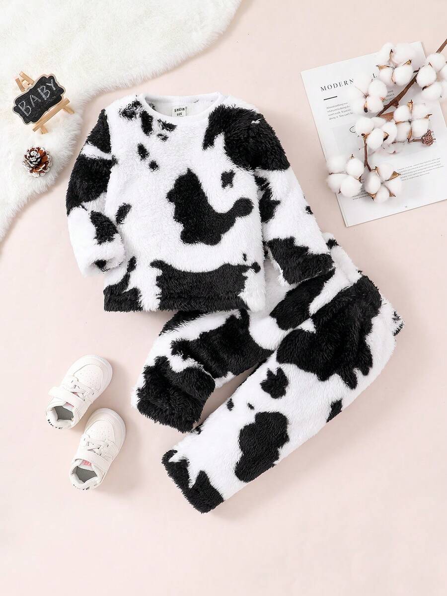 Baby Boys' Cow Print Fleece Pajamas 2pcs/set - Black and White - View 1
