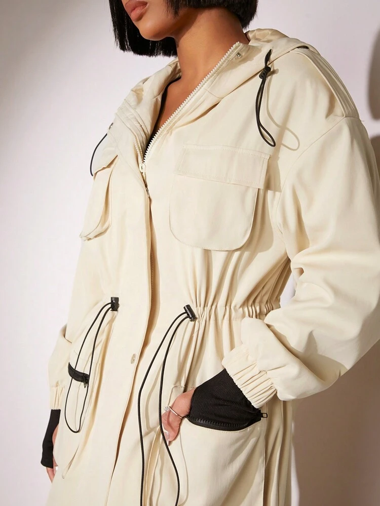 Drawstring Waist Hooded Trench Coat With Flap Pockets For Casual Occasions