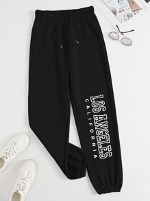 SHEIN EZwear Women's Letter Print Drawstring Jogger Pants With Elastic Cuffs - Black - View 4