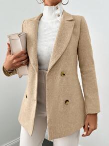 SHEIN Cottnline 翻領雙排釦herringbone毛呢西裝外套 - 杏色 - 查看 4