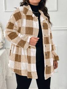 SHEIN LUNE Plus Size Plaid Drop Shoulder Jacket - Khaki - View 4