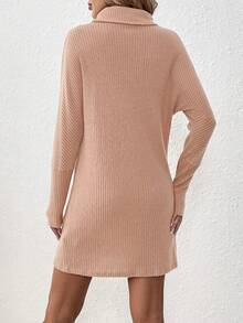 SHEIN LUNE Ribbed High Neck Long Sleeve Sweater Dress - Apricot - View 2