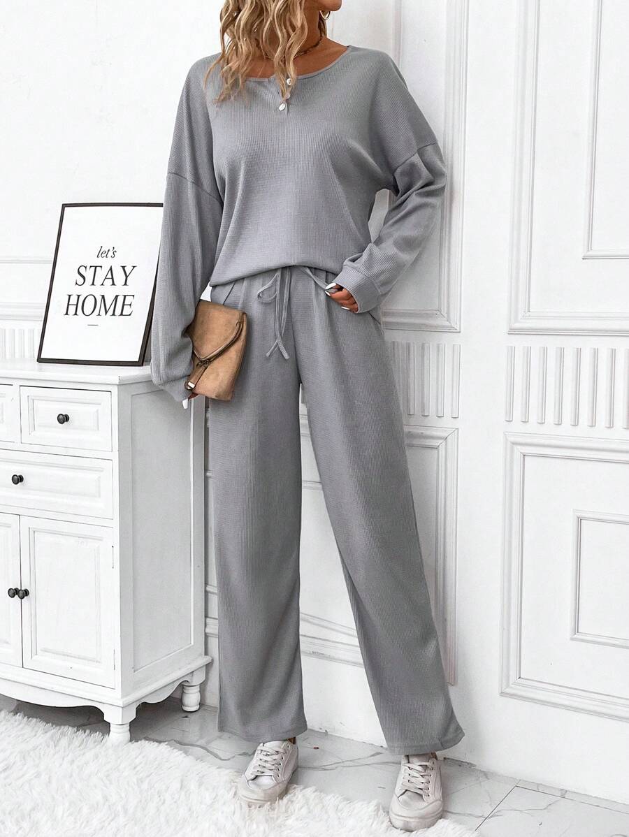 SHEIN LUNE 女士純色圓領寬鬆上衣和褲子套裝 - 灰色 - 查看 1