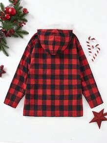 SHEIN EZwear In kẻ sọc Buffalo Thả vai Lót Teddy Duffle Áo trùm đầu - Đỏ - Xem 2