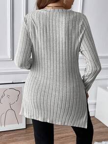 Calvaya Hơn Cổ vuông Viền chia cắt Áo thun - Xám - Xem 2