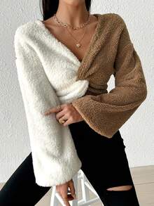 SHEIN Privé 撞色拼接扭結毛絨長袖襯衫 - 彩色 - 查看 4