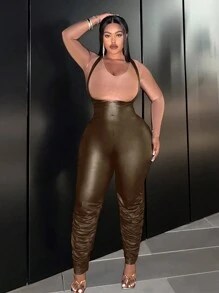 Slaydiva 女士大尺碼拉鍊後褶皺細節修身連身褲 - 棕色 - 查看 1