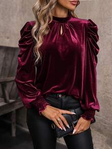 SHEIN Clasi Plush Keyhole Neckline Puff Sleeve T-shirt - Burgundy - View 4