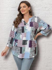 EMERY ROSE Camisa De Talla Grande Con Cuello Con Muesca Estampado Y Parcheado - Multicolor - Ver 3