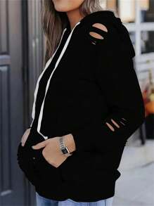 SHEIN EZwear 女士連帽運動衫,帶束帶和磨損設計 - 黑色 - 查看 3