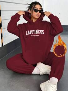 Flirla Hơn Đồ họa Chữ cái Túi kangaroo Lót nhiệt Dây rút Áo Hoodie & Quần thể thao - Màu Đỏ Sâu - Xem 1