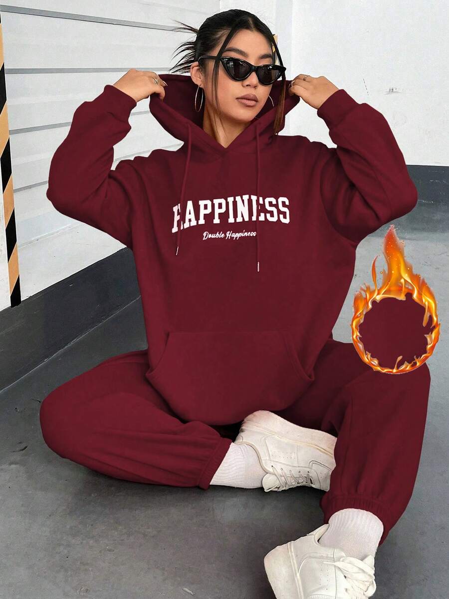 Flirla Hơn Đồ họa Chữ cái Túi kangaroo Lót nhiệt Dây rút Áo Hoodie & Quần thể thao - Màu Đỏ Sâu - Xem 1